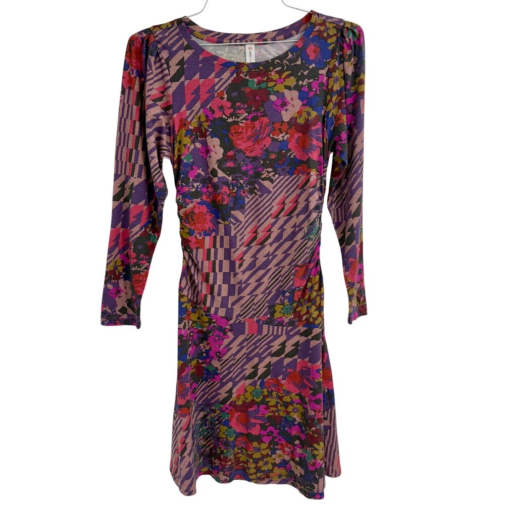Anthropologie Daily Practice Ruched Mini Dress Colorful Flare Skirt Size Small